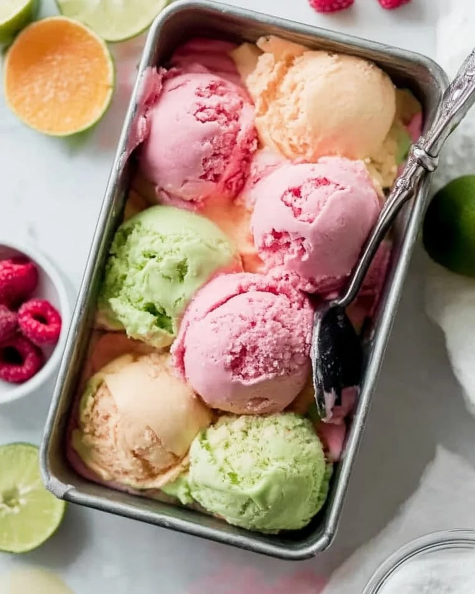 Bowl of colorful homemade rainbow sherbet with scoops of vibrant flavors.