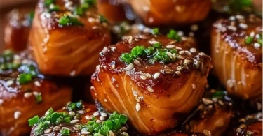 Honey Butter Garlic Glazed Salmon Bites on a plate garnished with herbs