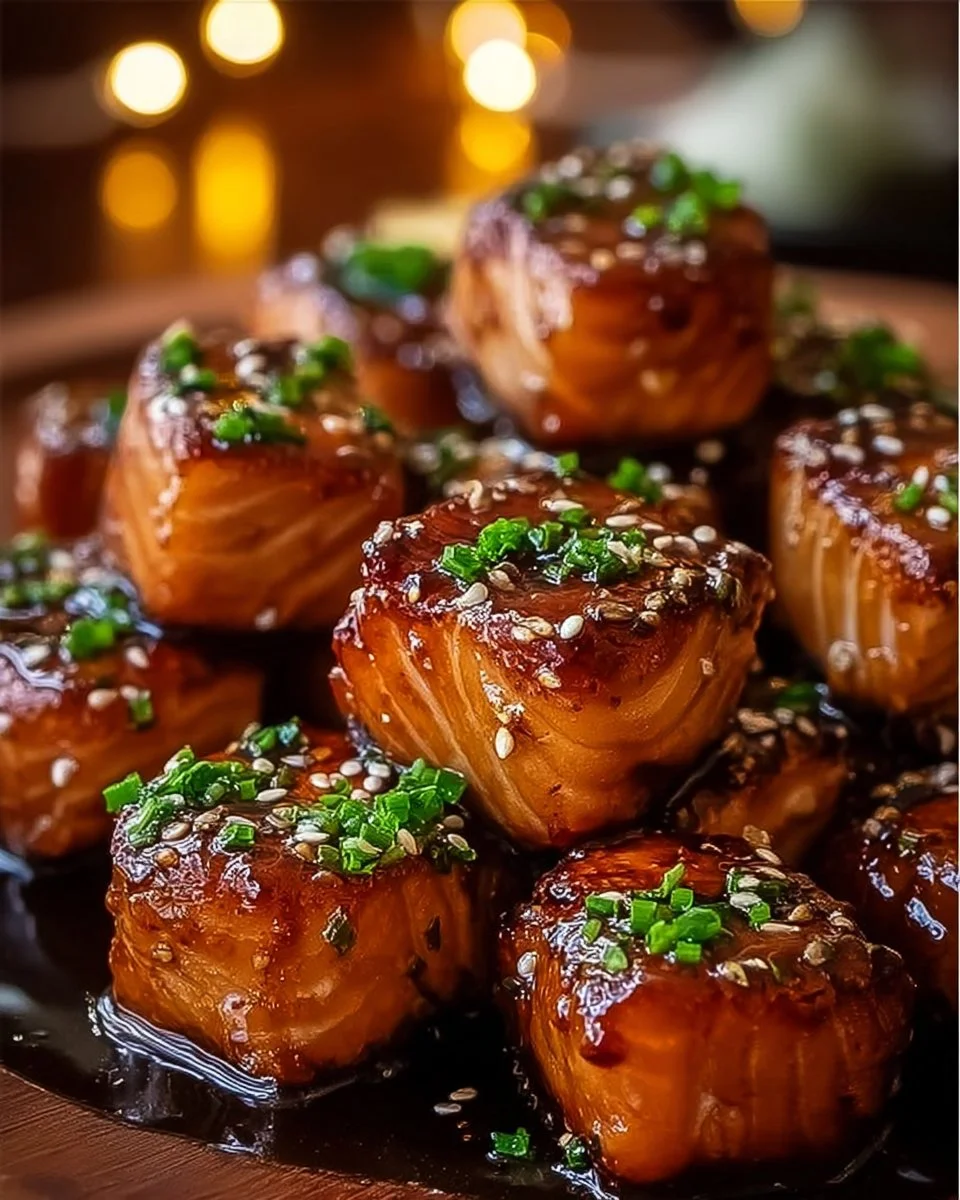 Honey Butter Garlic Glazed Salmon Bites on a plate garnished with herbs