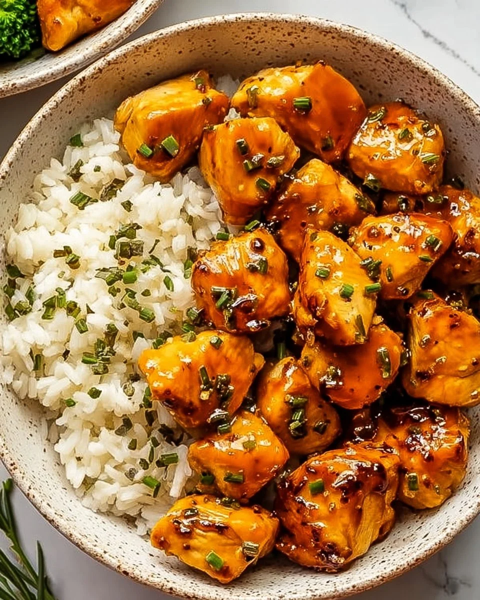 Hot honey chicken bowls with colorful vegetables and rice