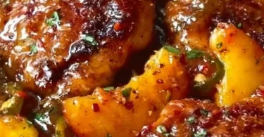 Jalapeño Peach Chicken dish with vibrant peppers and juicy peaches