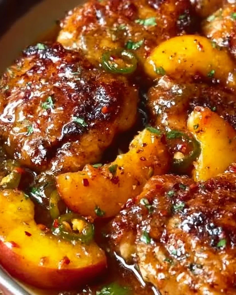 Jalapeño Peach Chicken dish with vibrant peppers and juicy peaches