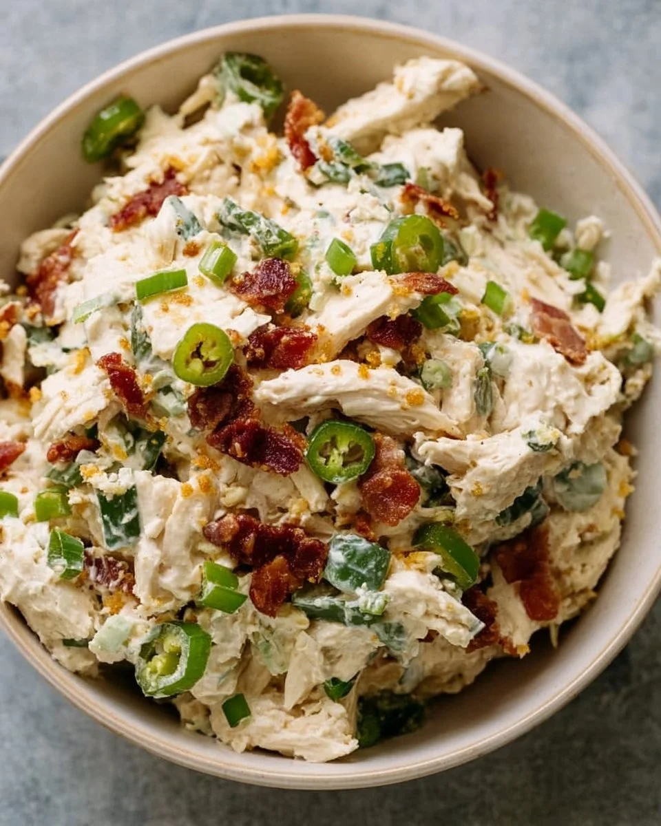Bowl of jalapeño popper chicken salad with fresh ingredients and spices