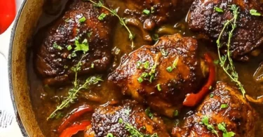 Delicious jerk chicken cooked in a crockpot, featuring vibrant spices and herbs.