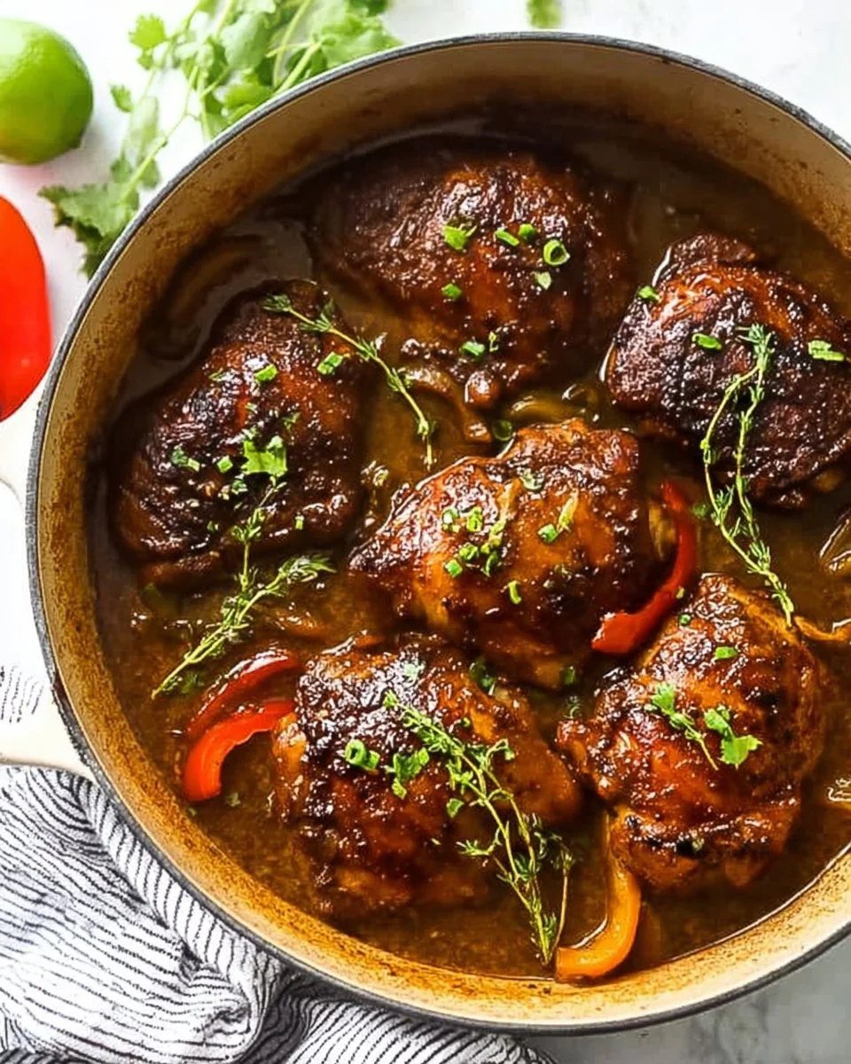 Delicious jerk chicken cooked in a crockpot, featuring vibrant spices and herbs.