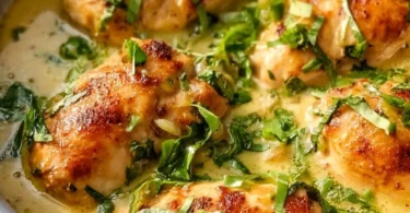 Plate of Lemon Basil Chicken garnished with fresh herbs and lemon slices