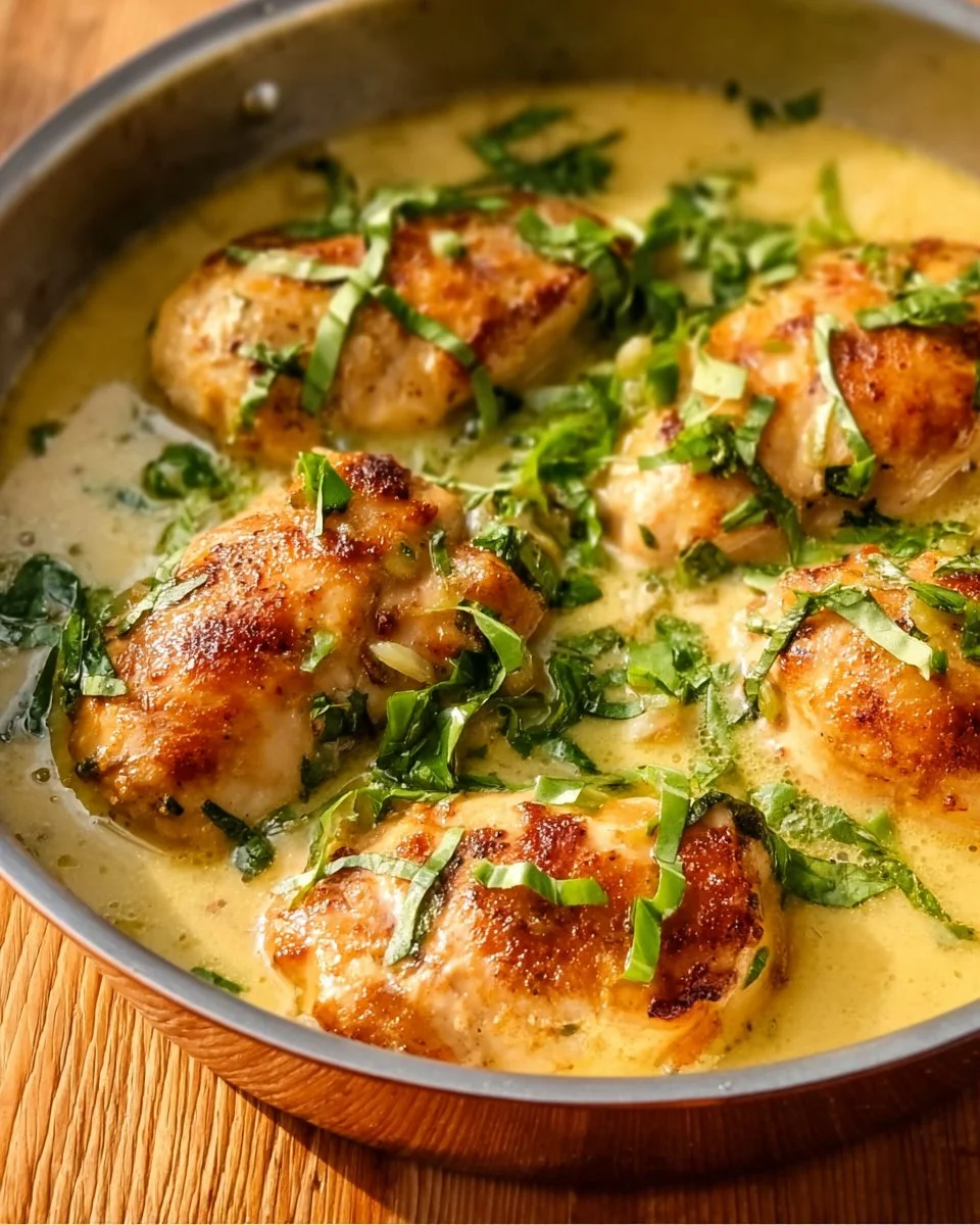 Plate of Lemon Basil Chicken garnished with fresh herbs and lemon slices
