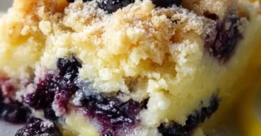 Lemon Blueberry Cheesecake Dump Cake topped with blueberries and lemon zest