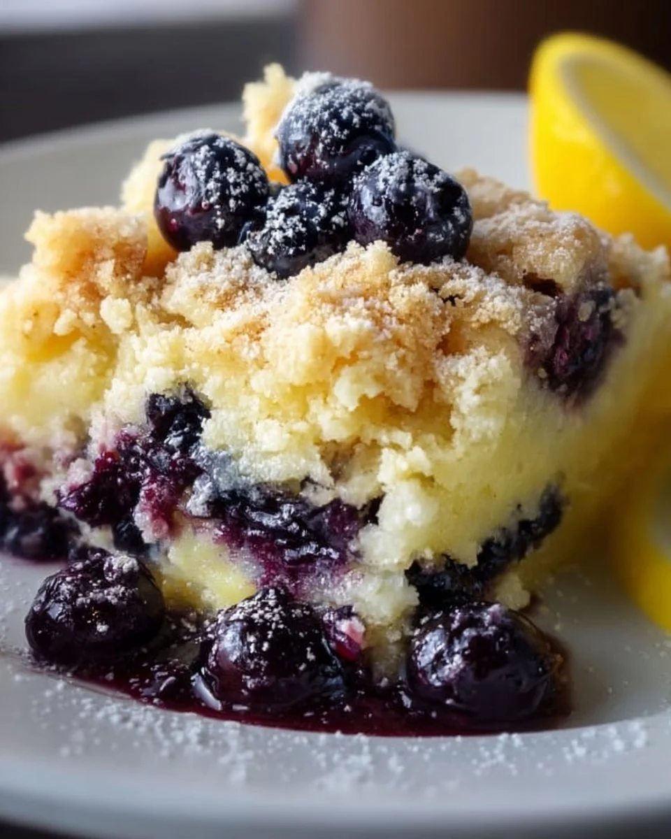 Lemon Blueberry Cheesecake Dump Cake topped with blueberries and lemon zest