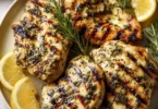 Plate of Lemon Herb Grilled Chicken garnished with fresh herbs and lemon slices