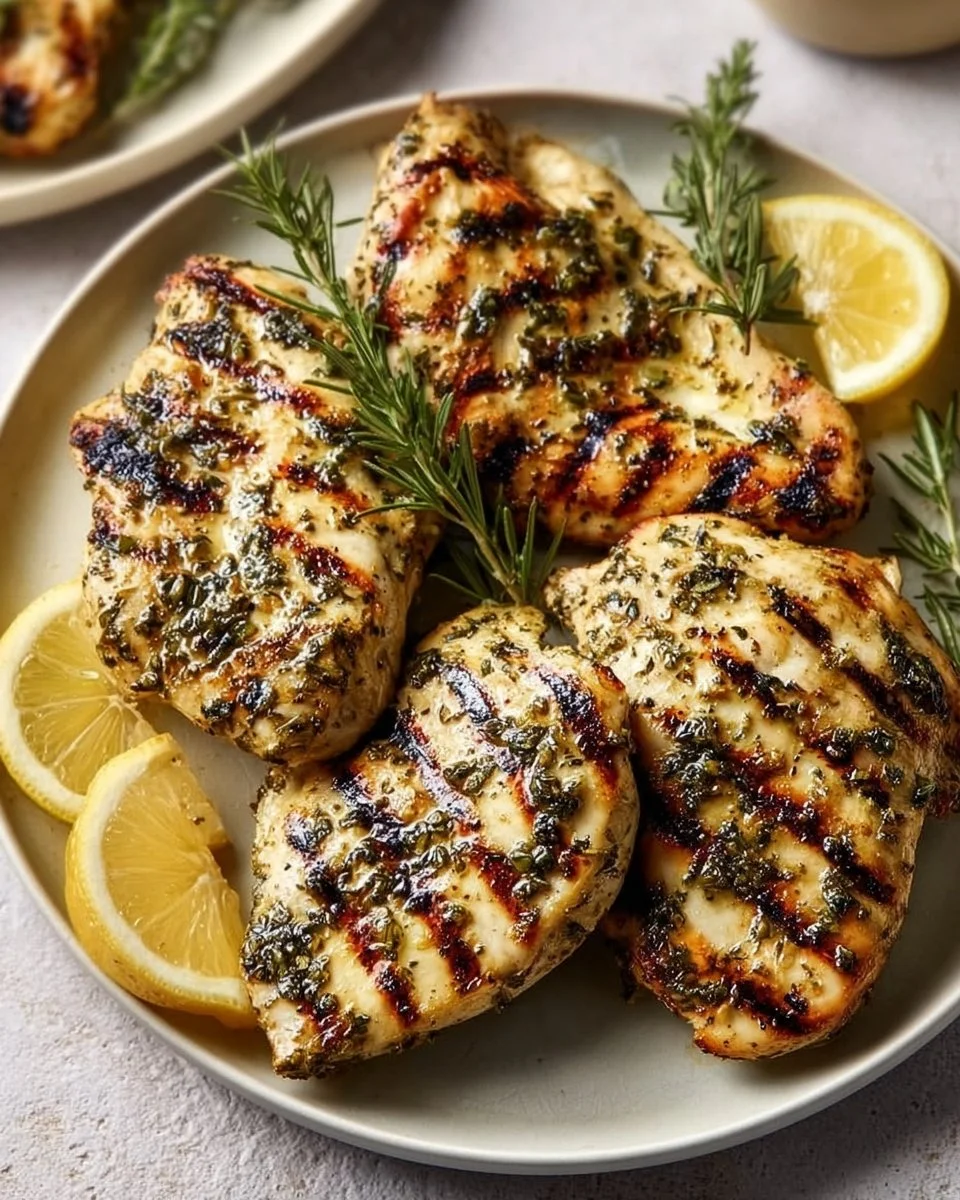 Plate of Lemon Herb Grilled Chicken garnished with fresh herbs and lemon slices