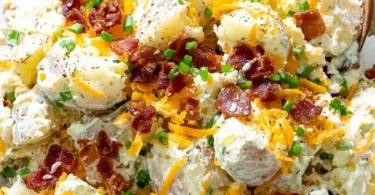 Delicious loaded baked potato salad topped with cheese, bacon, and chives
