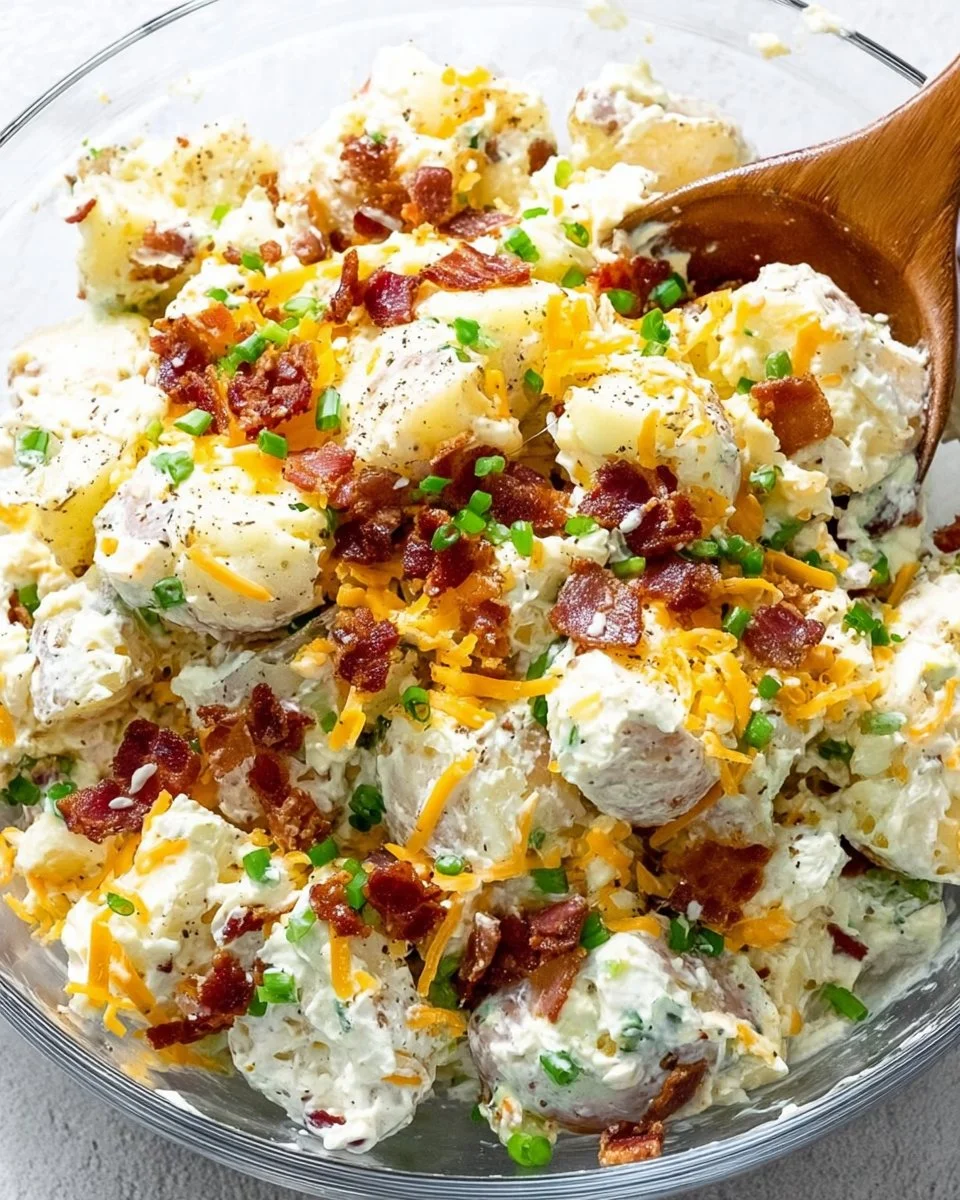 Delicious loaded baked potato salad topped with cheese, bacon, and chives