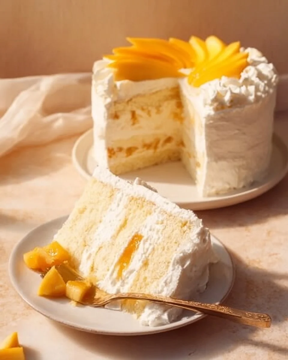 Deliciously fluffy Mango Cream Chiffon Cake with vibrant mango cream topping