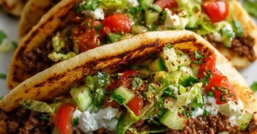 Delicious Mediterranean Pita Pockets filled with ground beef and fresh ingredients.