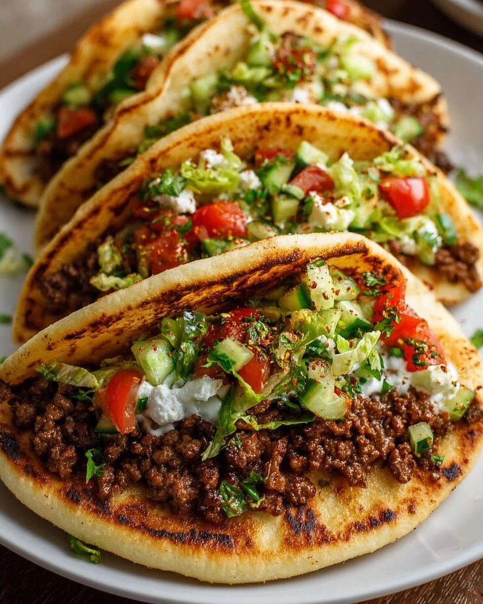 Delicious Mediterranean Pita Pockets filled with ground beef and fresh ingredients.