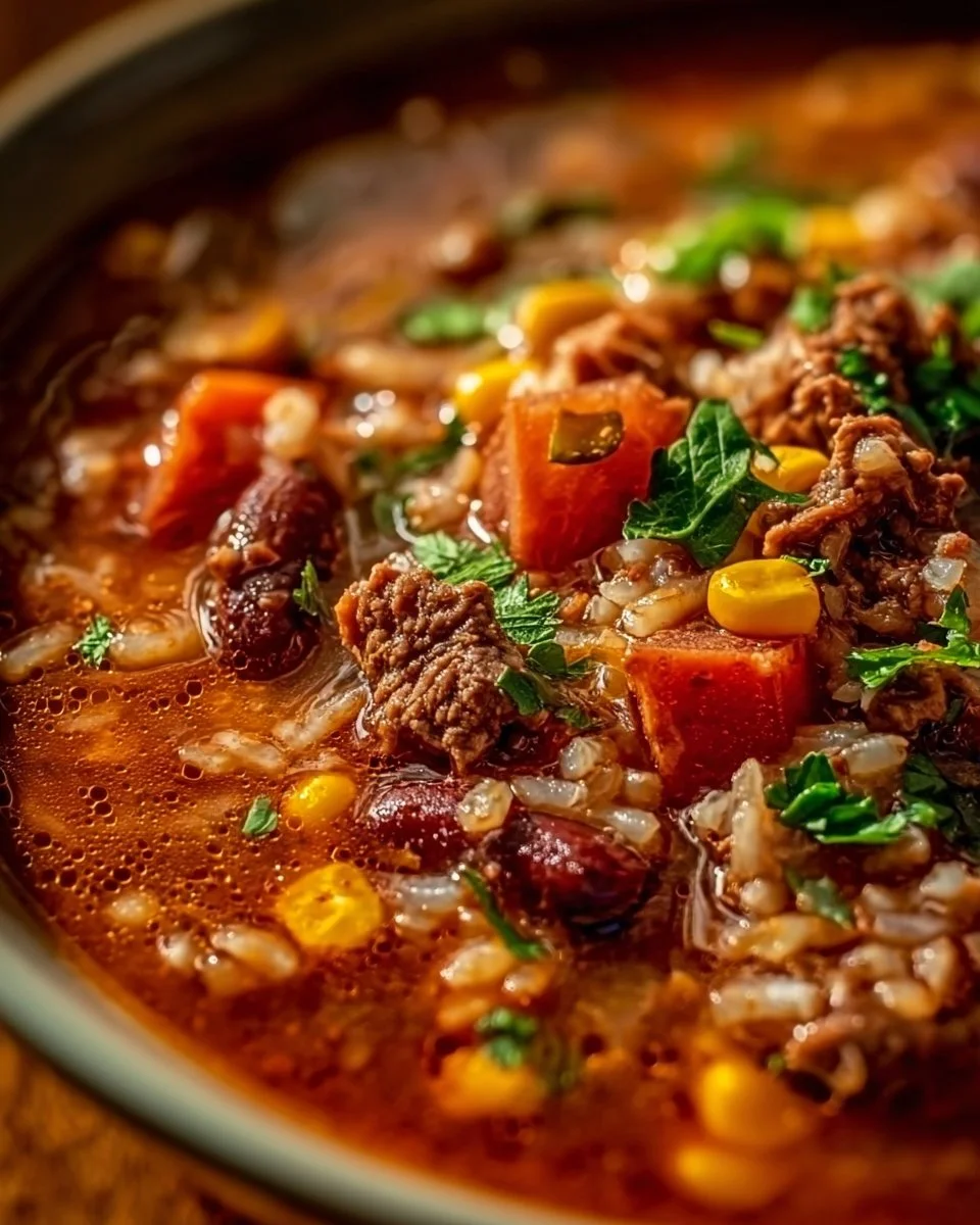 Bowl of Mexican beef and rice soup garnished with cilantro and lime.