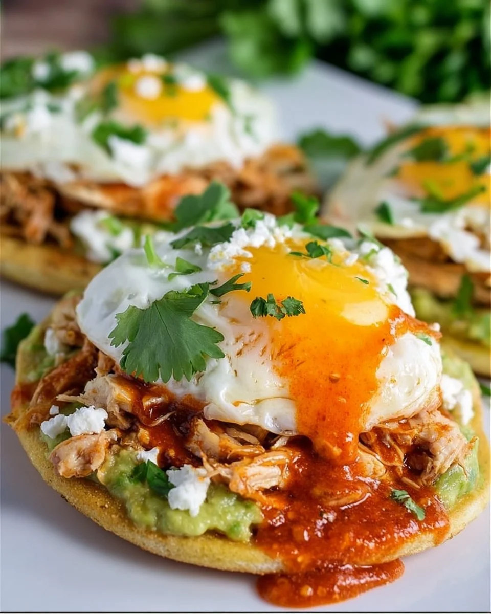 Mexican Eggs Benedict topped with avocado and salsa on a plate