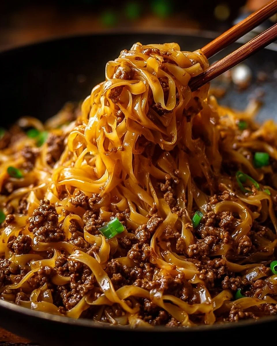 Delicious Mongolian ground beef noodles served in a bowl with vegetables