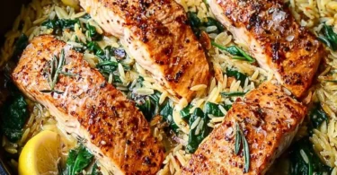 One Skillet Salmon served with Lemon Orzo for a healthy dinner option
