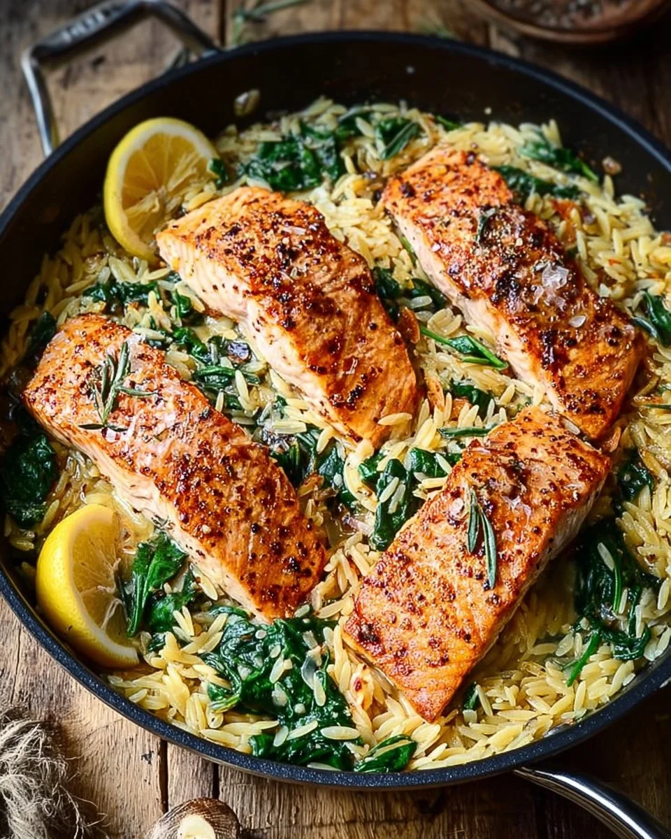One Skillet Salmon served with Lemon Orzo for a healthy dinner option