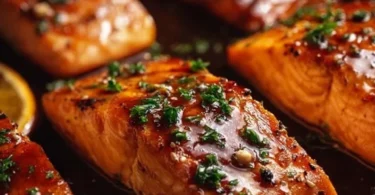 Delicious orange glazed salmon fillet on a plate garnished with herbs