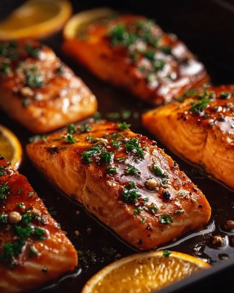 Delicious orange glazed salmon fillet on a plate garnished with herbs
