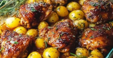 Delicious oven-roasted chicken thighs served with crispy roasted potatoes.