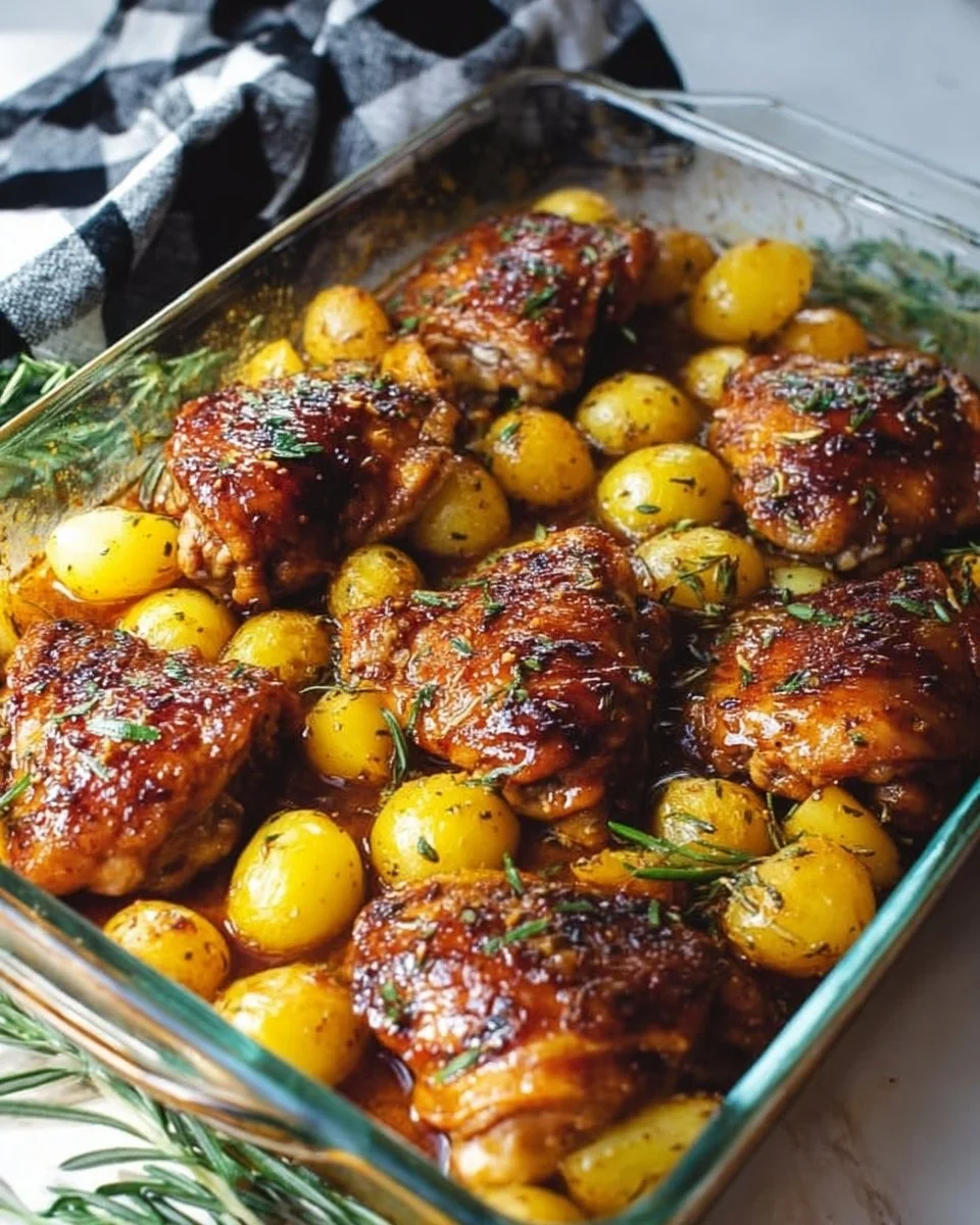 Delicious oven-roasted chicken thighs served with crispy roasted potatoes.
