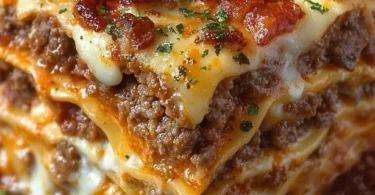 Delicious Bacon Cheeseburger Lasagna with layers of beef and cheese