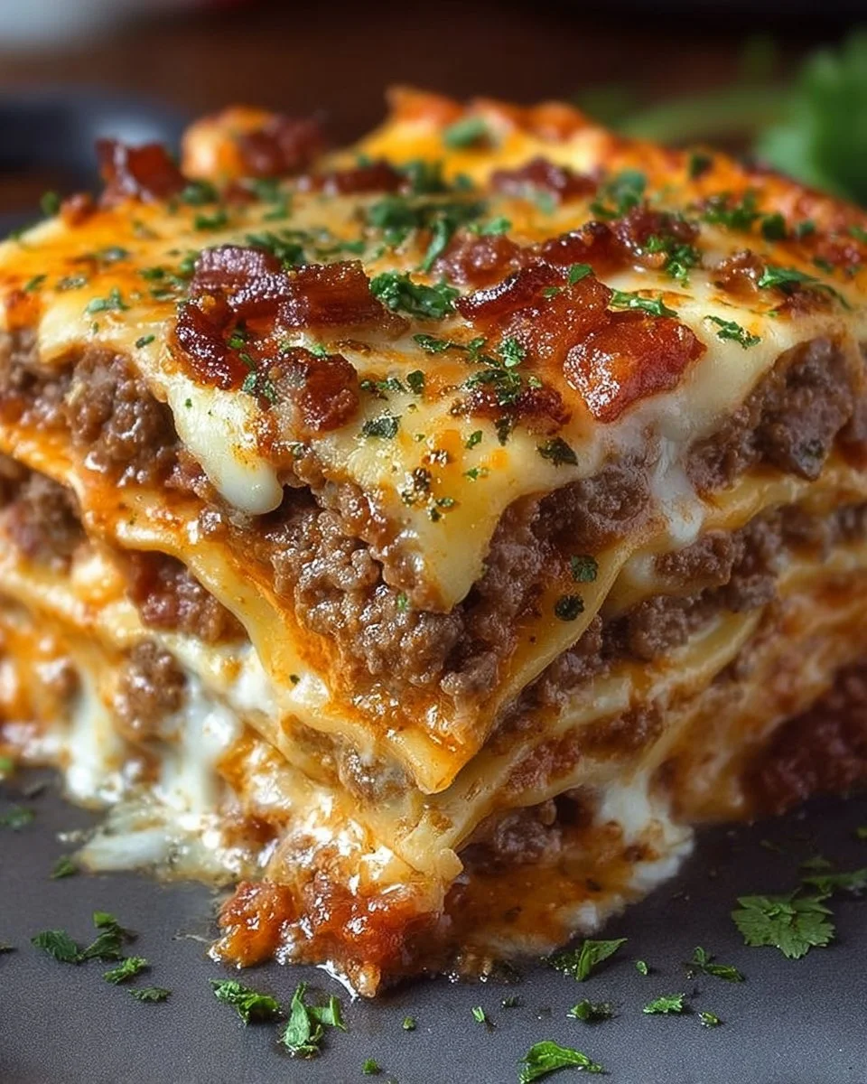 Delicious Bacon Cheeseburger Lasagna with layers of beef and cheese