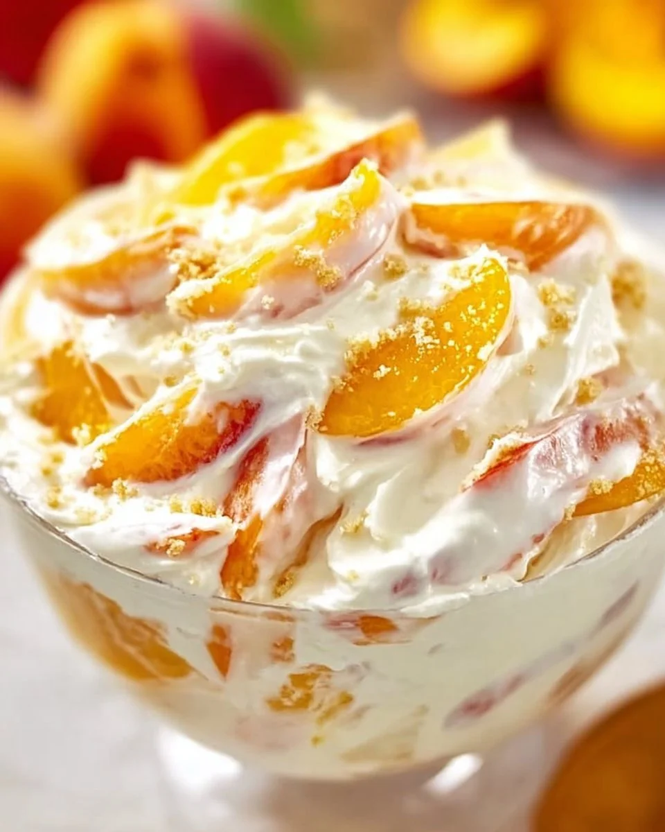 Delicious Peach Cheesecake Salad topped with fresh peach slices and creamy cheesecake dressing.