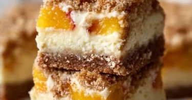 Peach Cobbler Cheesecake Bars with fresh peach slices and crumble topping