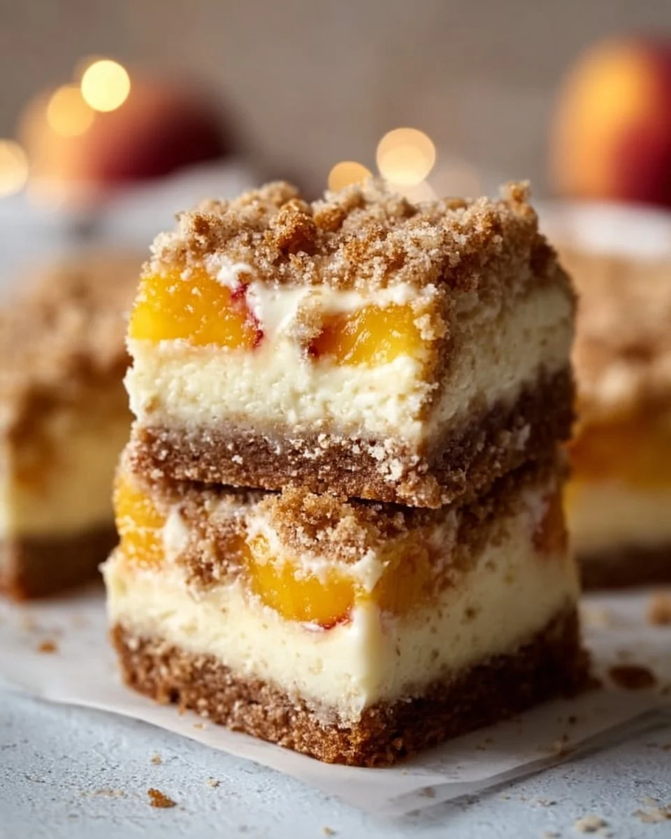 Peach Cobbler Cheesecake Bars with fresh peach slices and crumble topping