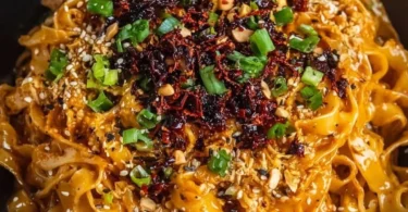 Bowl of peanut chili oil noodles garnished with fresh herbs and spices.