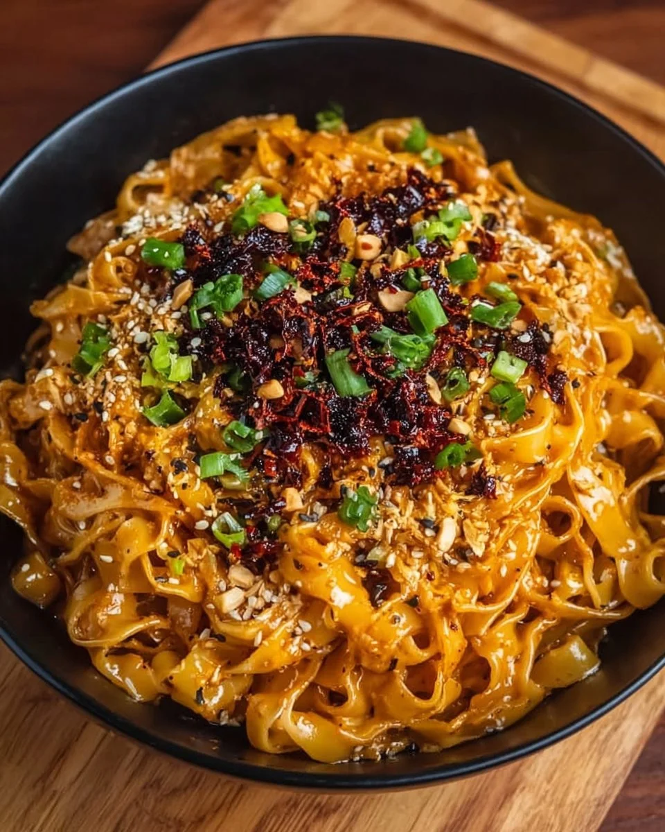 Bowl of peanut chili oil noodles garnished with fresh herbs and spices.