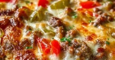 Delicious Philly Cheesesteak Casserole topped with melted cheese and peppers