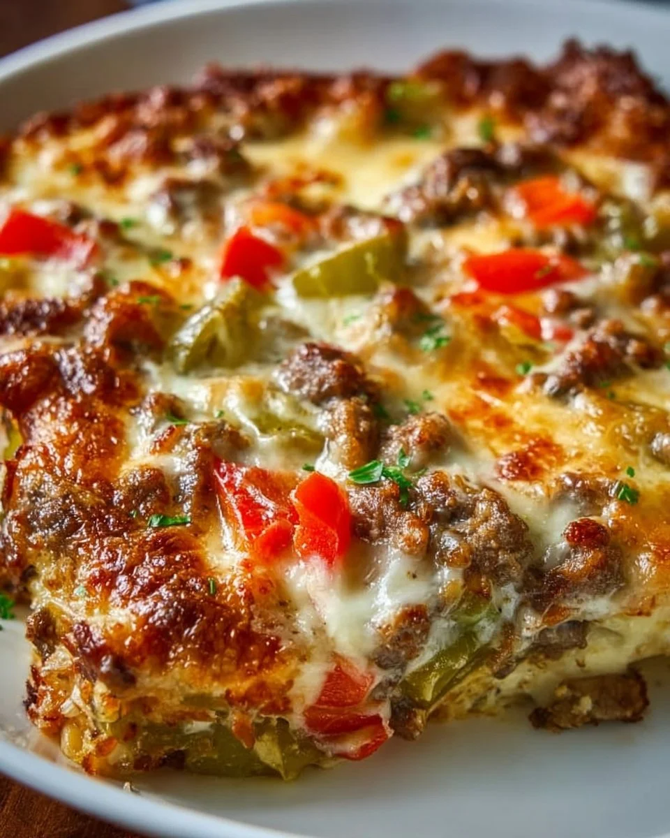 Delicious Philly Cheesesteak Casserole topped with melted cheese and peppers