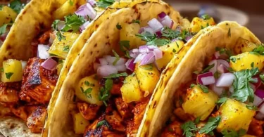 Delicious Pineapple Chicken Tacos topped with fresh ingredients