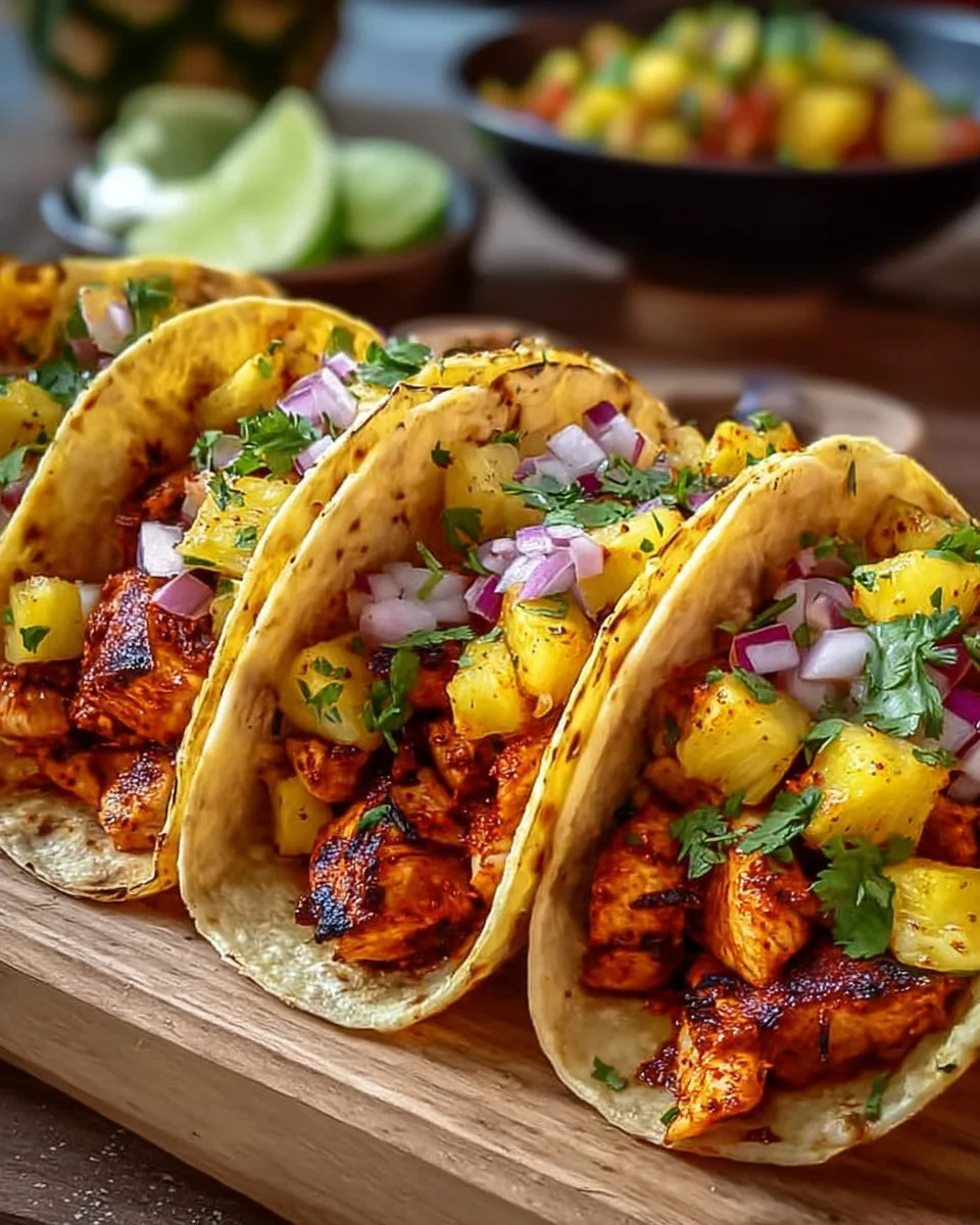 Delicious Pineapple Chicken Tacos topped with fresh ingredients