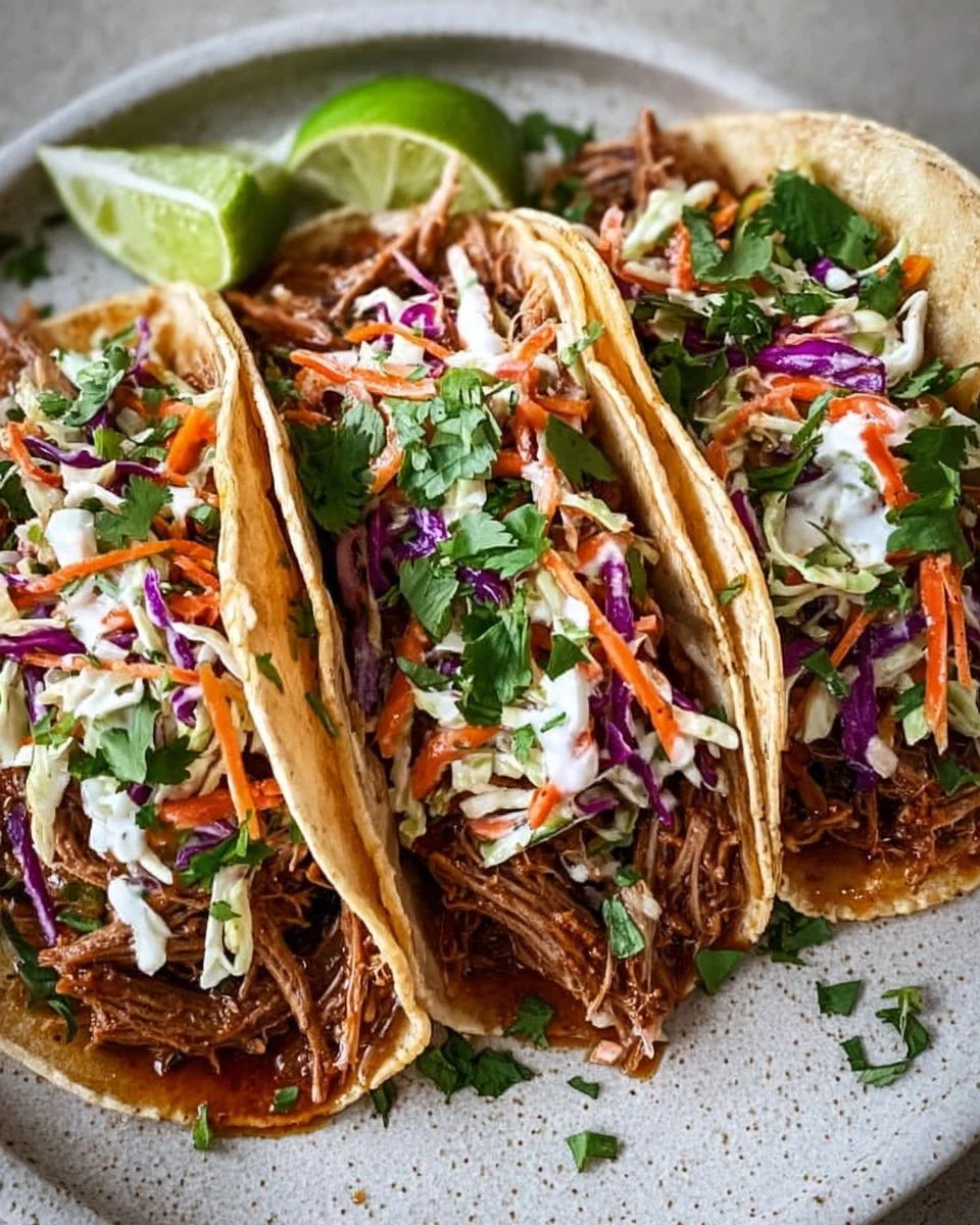 Delicious pulled pork tacos topped with tangy slaw on a wooden table