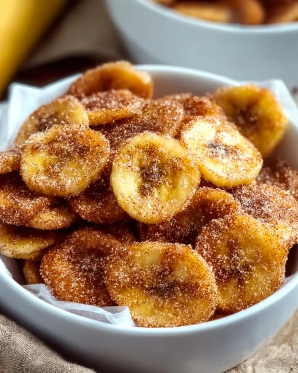 Crispy cinnamon-sugar banana chips made in an air fryer for a sweet snack