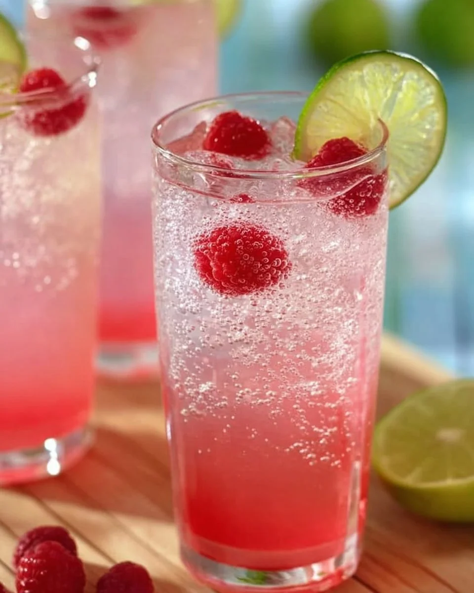 Glass of Raspberry Key Lime Soda with ice and garnish