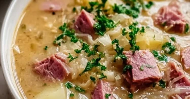 Bowl of hearty Reuben Soup topped with fresh herbs and rye croutons.