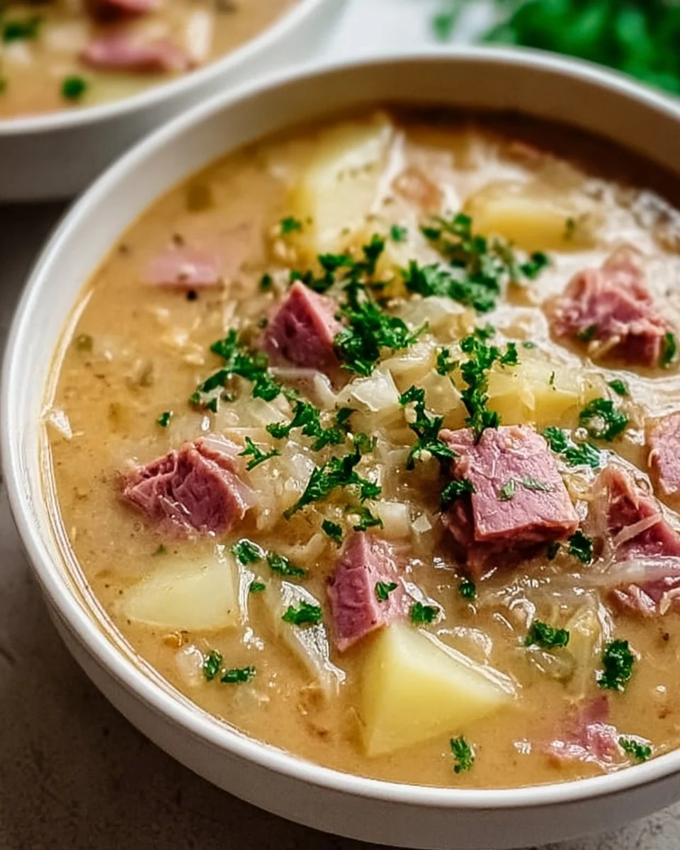 Bowl of hearty Reuben Soup topped with fresh herbs and rye croutons.