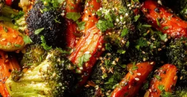 Delicious roasted broccoli and carrots in a bowl, perfect healthy side dish