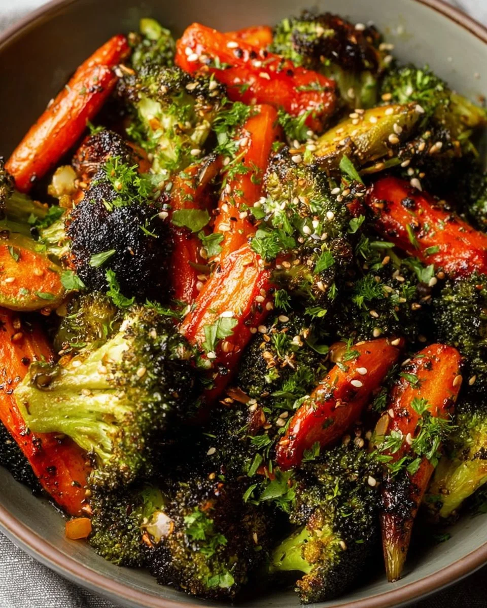 Delicious roasted broccoli and carrots in a bowl, perfect healthy side dish