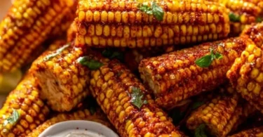 Delicious roasted corn ribs served on a plate with seasoning.