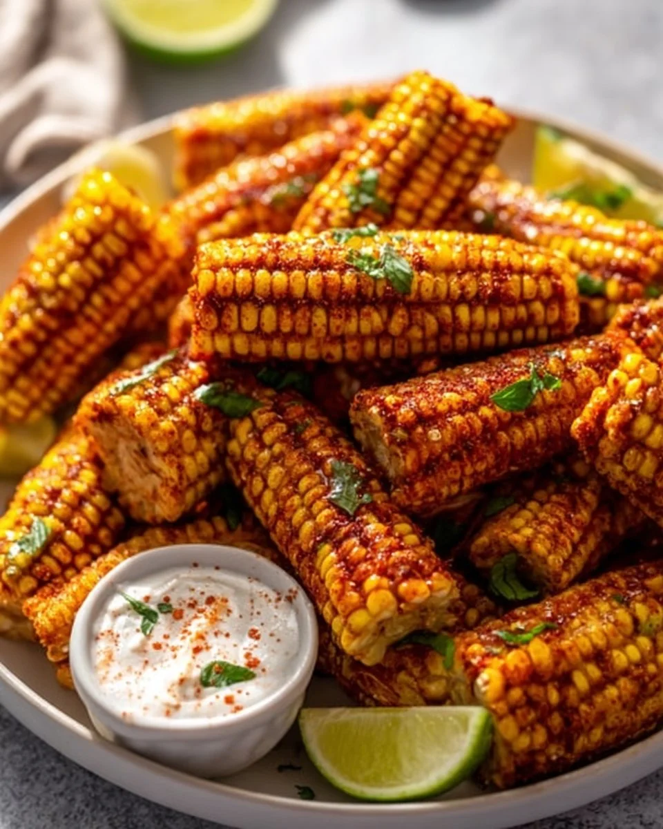 Delicious roasted corn ribs served on a plate with seasoning.
