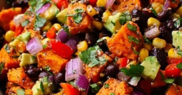 A vibrant roasted sweet potato black bean salad served in a bowl.